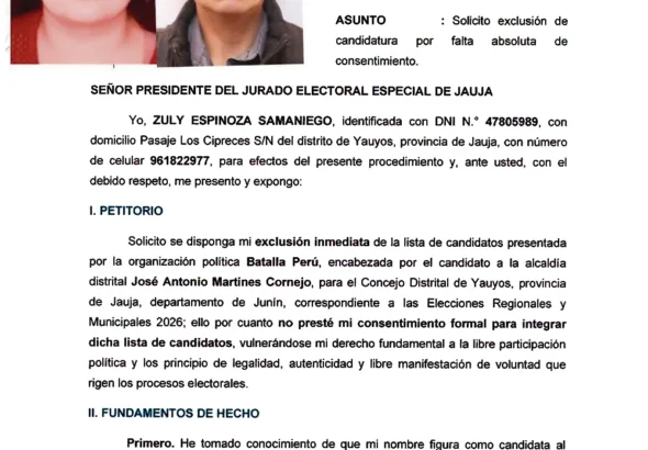 CIUDADANA DENUNCIA: FUE INSCRITA COMO CANDIDATA POR LA LISTA “BATALLA PERÚ” SIN SU CONSENTIMIENTO