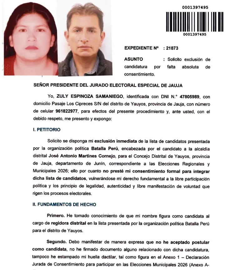 CIUDADANA DENUNCIA: FUE INSCRITA COMO CANDIDATA POR LA LISTA “BATALLA PERÚ” SIN SU CONSENTIMIENTO