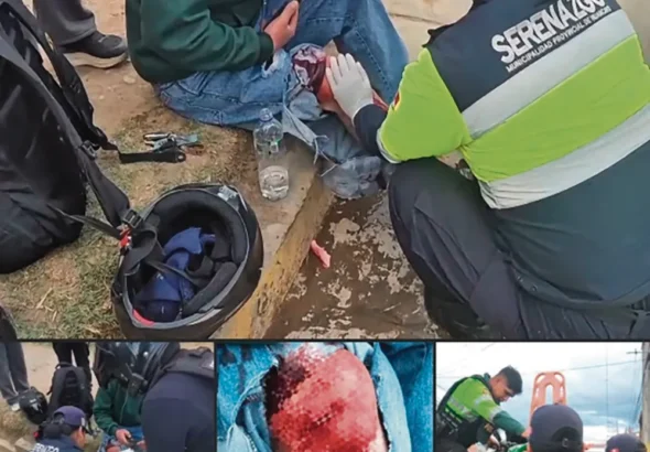 TRAS CHOQUE CON MINIVAN: MOTOCICLISTA HERIDO ES AUXILIADO POR SERENOS